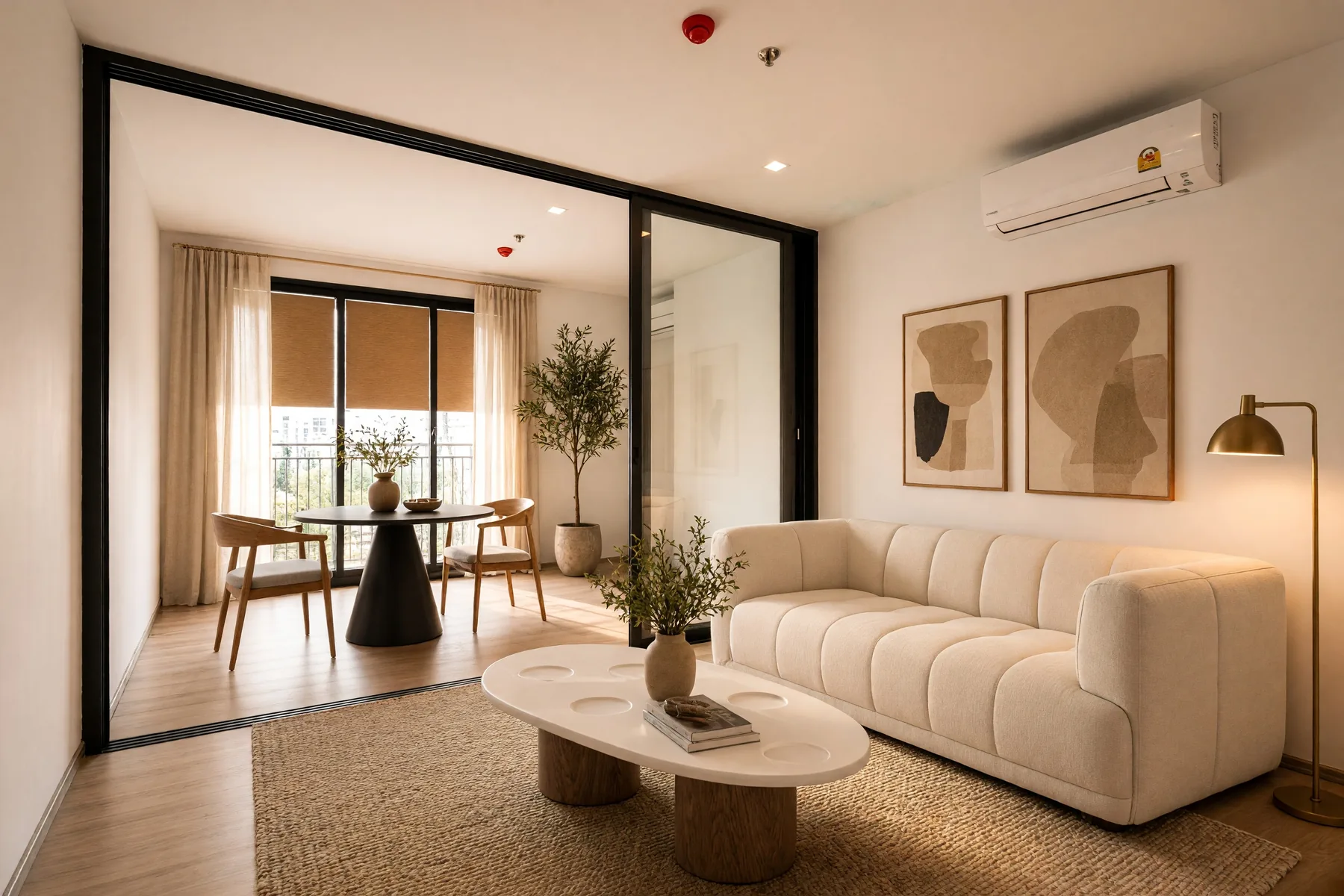 The same room finished: cream channel-tufted sofa, oval coffee table, black dining table with wooden armchairs, jute rug, linen curtains, framed art and a brass floor lamp